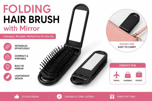 Folding hair brush with - hair, mirror